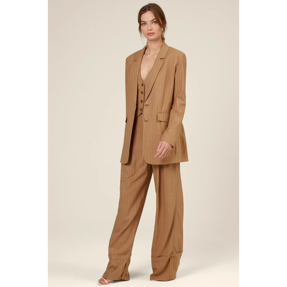 Nicholas $495 CHARLEE Sz 6 Pinstripe Linen Blend Blazer Camel - Picture 3 of 12
